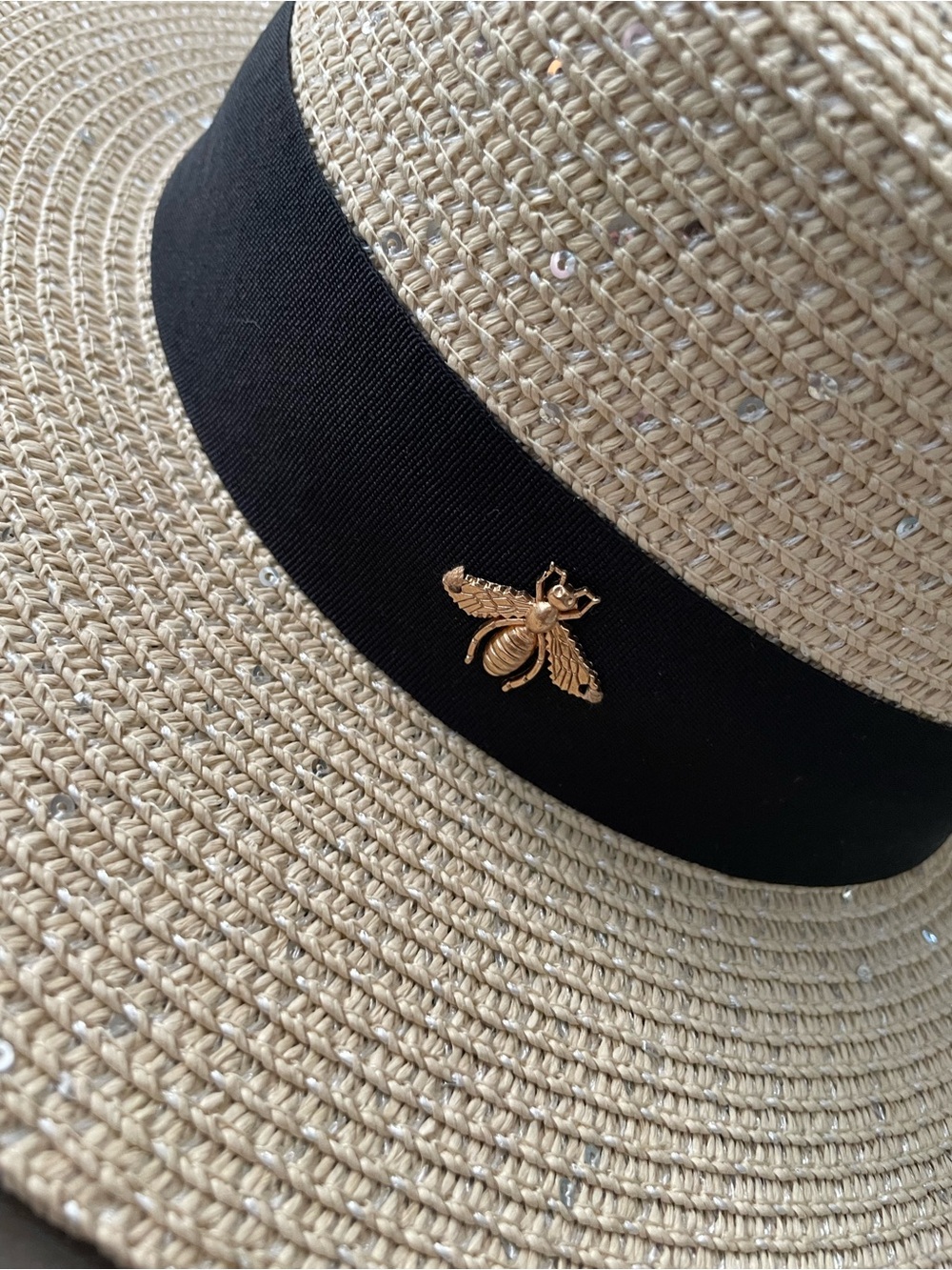 Straw Bee Hat with Black Band and Gold Bee Pin silver sequin sequins gg - Picture 10 of 10
